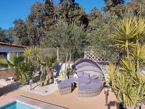 Uma área à beira da piscina com um sofá de vime, um cão pequeno e diversas plantas.