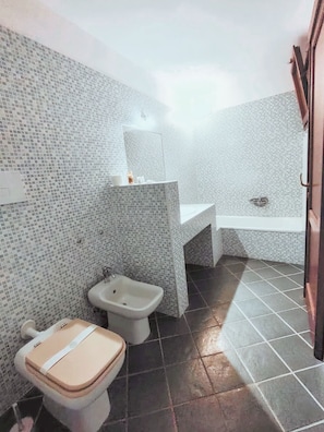 Een bad/douchecombinatie, een haardroger, een bidet, zeep