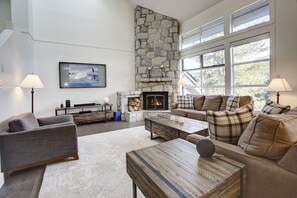 TV connectée, cheminée, livres, chaîne hi-fi