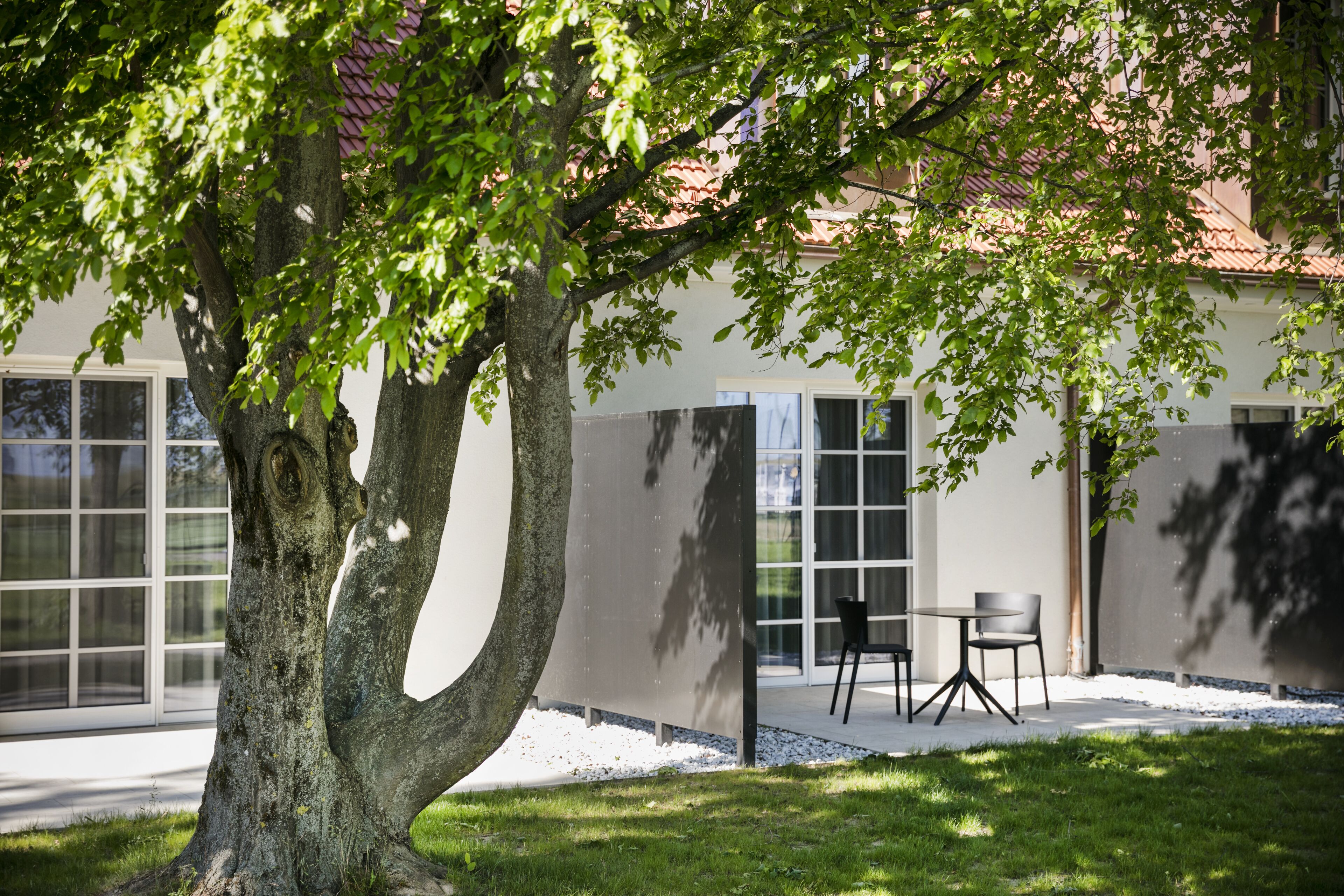 A tree-lined outdoor area with a building, a patio with chairs, and a small table.