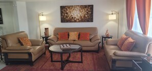 Smart TV, fireplace, books, stereo