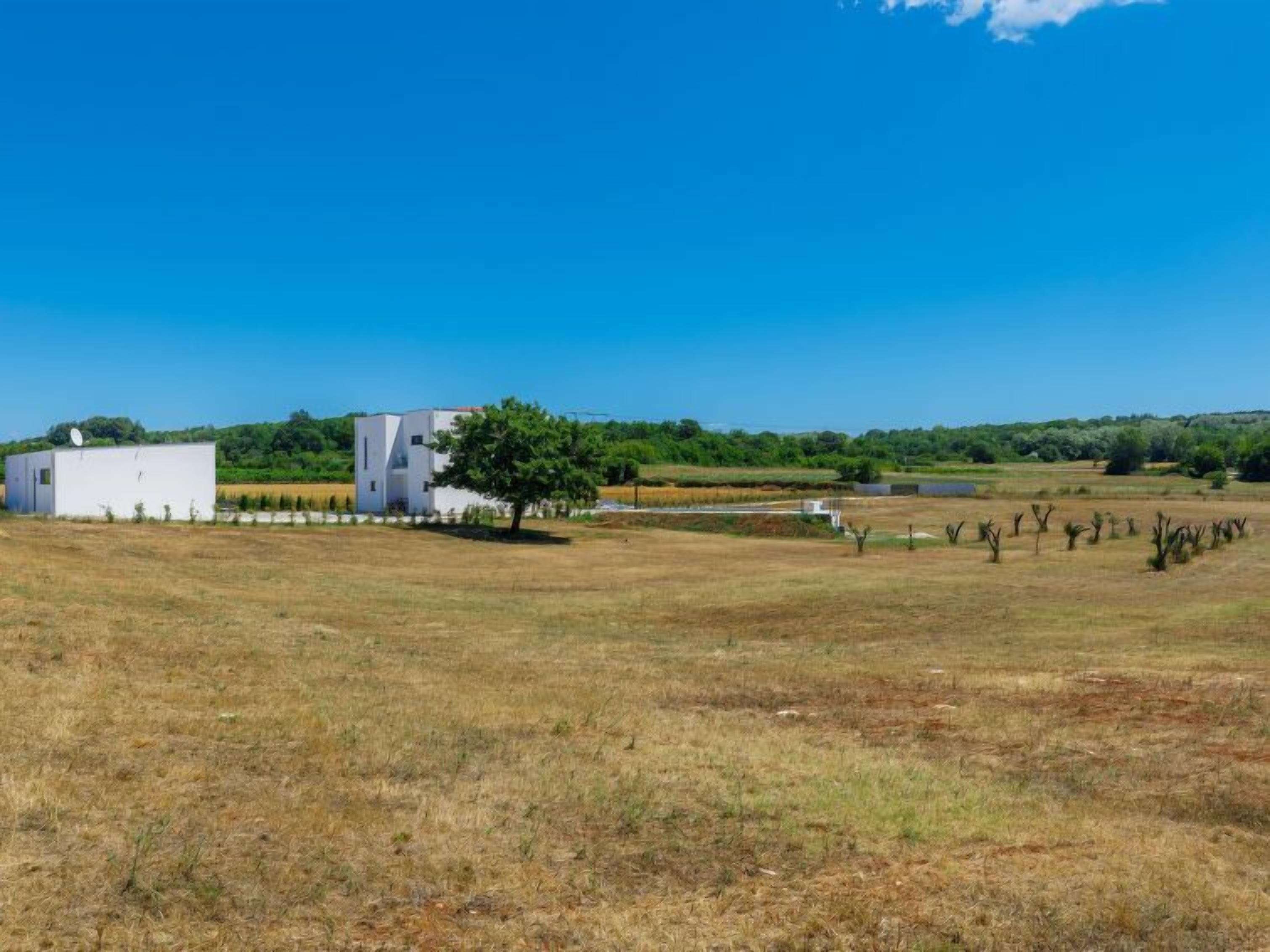 A rural landscape with a white building, a tree, and a clear blue sky.