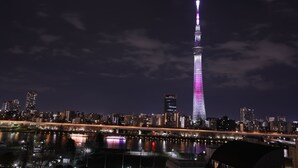 A nighttime cityscape with a prominent tower lit in purple and pink, a river with reflections, and a bridge with lights. - COB HOTEL ASAKUSA (Tokyo)