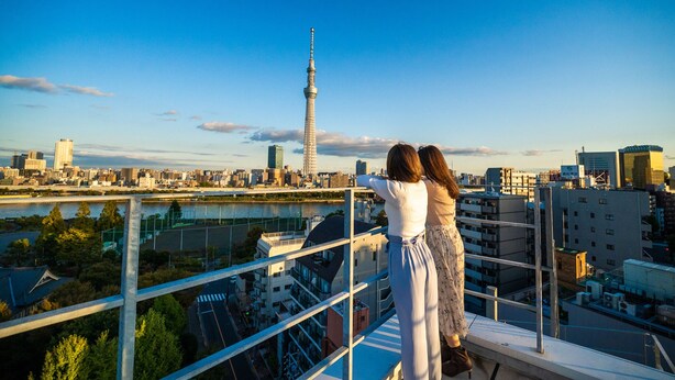 A view from a high-rise balcony overlooking a cityscape with a prominent tower, a river, and various buildings. - COB HOTEL ASAKUSA (Tokyo)