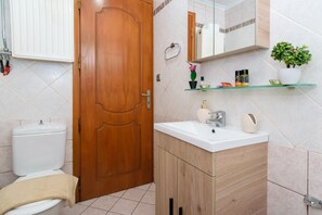 Ein Badezimmer mit Holztür, Toilette in Weiß, Waschbecken mit Spiegel und Ablage für Toilettenartikel.