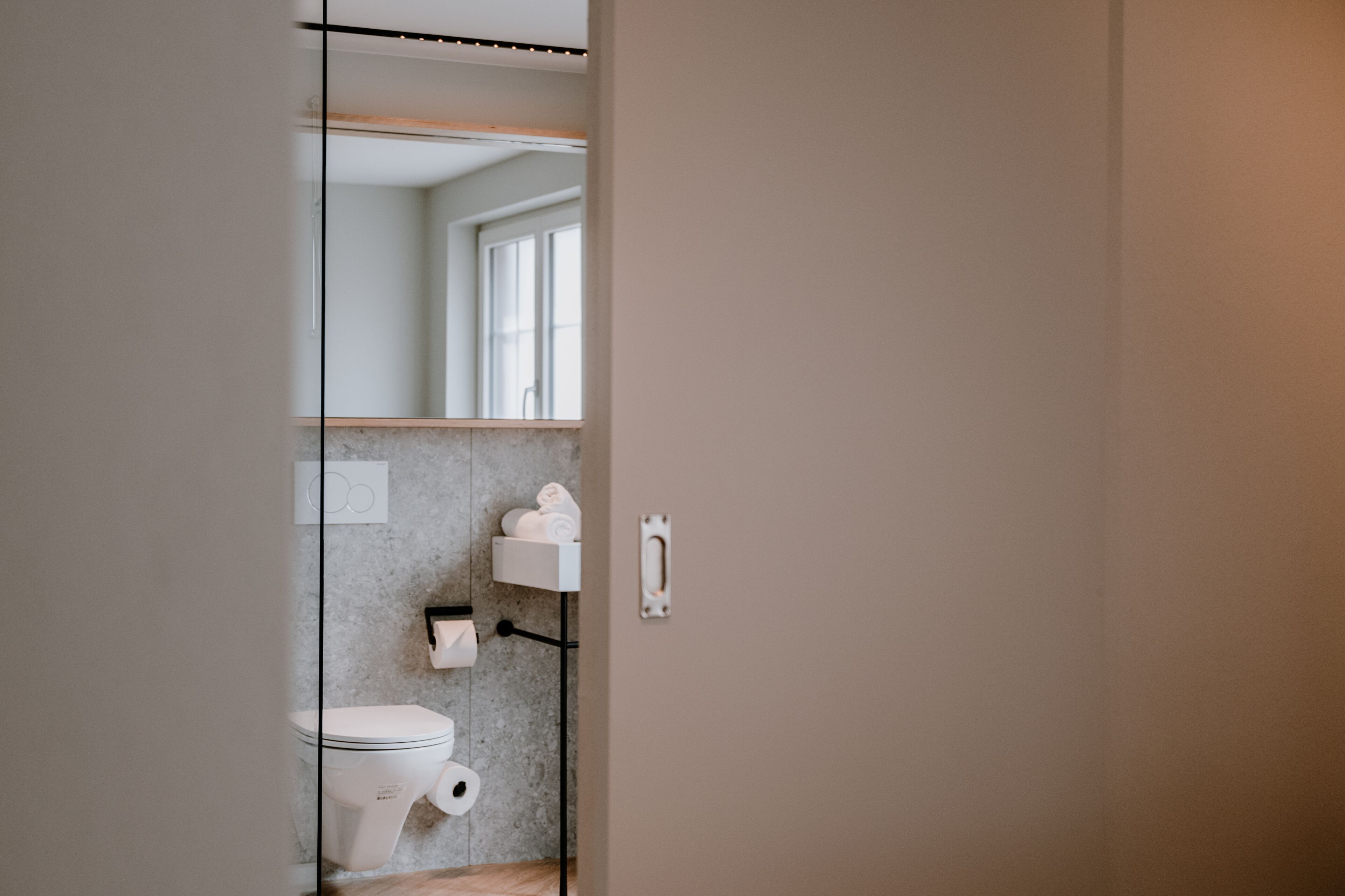 A modern bathroom with a toilet, towel rack, and a mirror.
