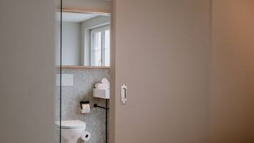 A modern bathroom with a toilet, towel rack, and a mirror.