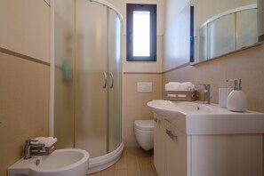 Shower, hair dryer, towels