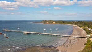 En kustvy med en pir som sträcker sig ut i havet, båtar som ligger ankrade i närheten och en strand med gles vegetation.