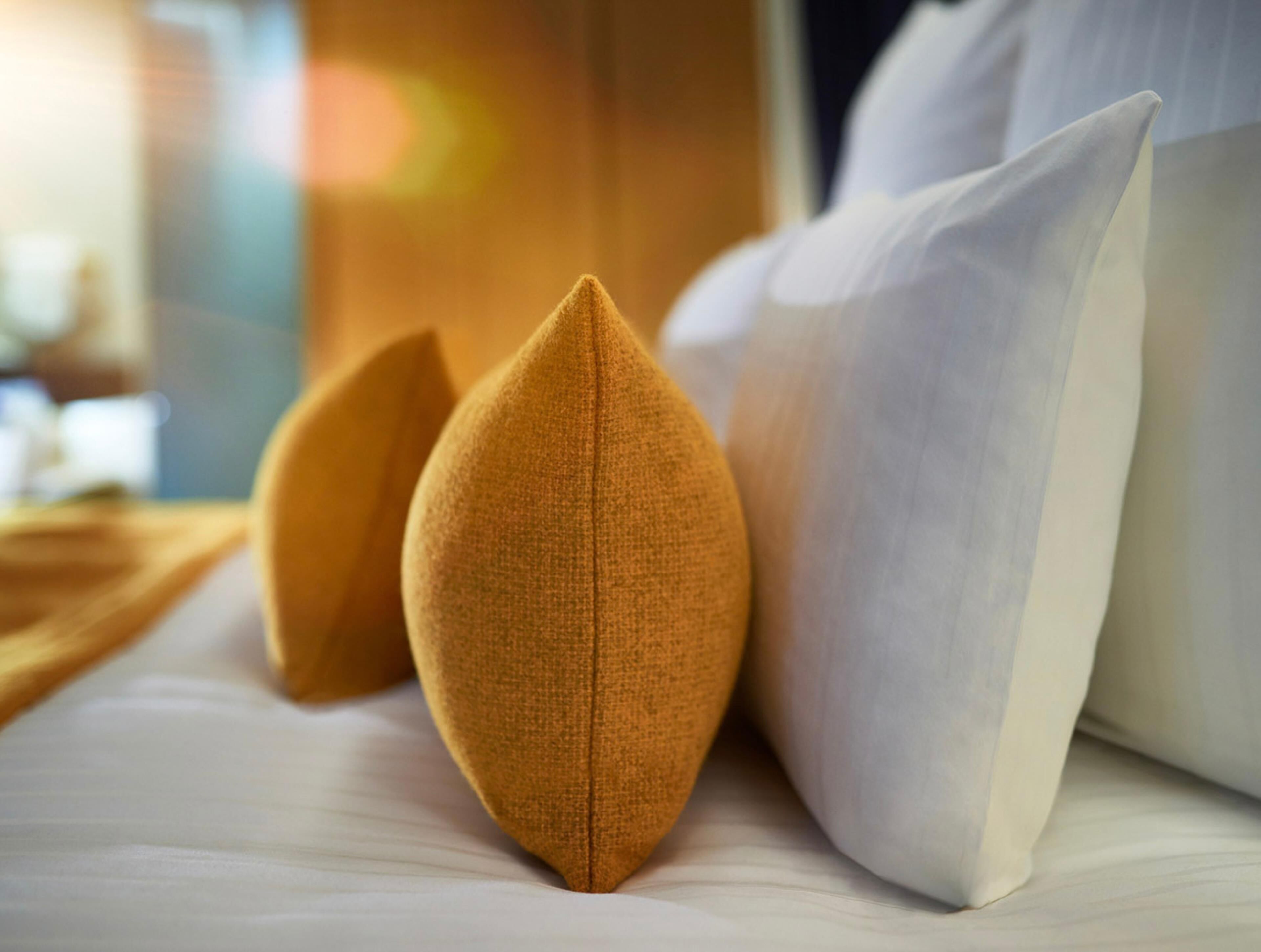 A bed with two pillows, one with a textured surface and the other smooth.