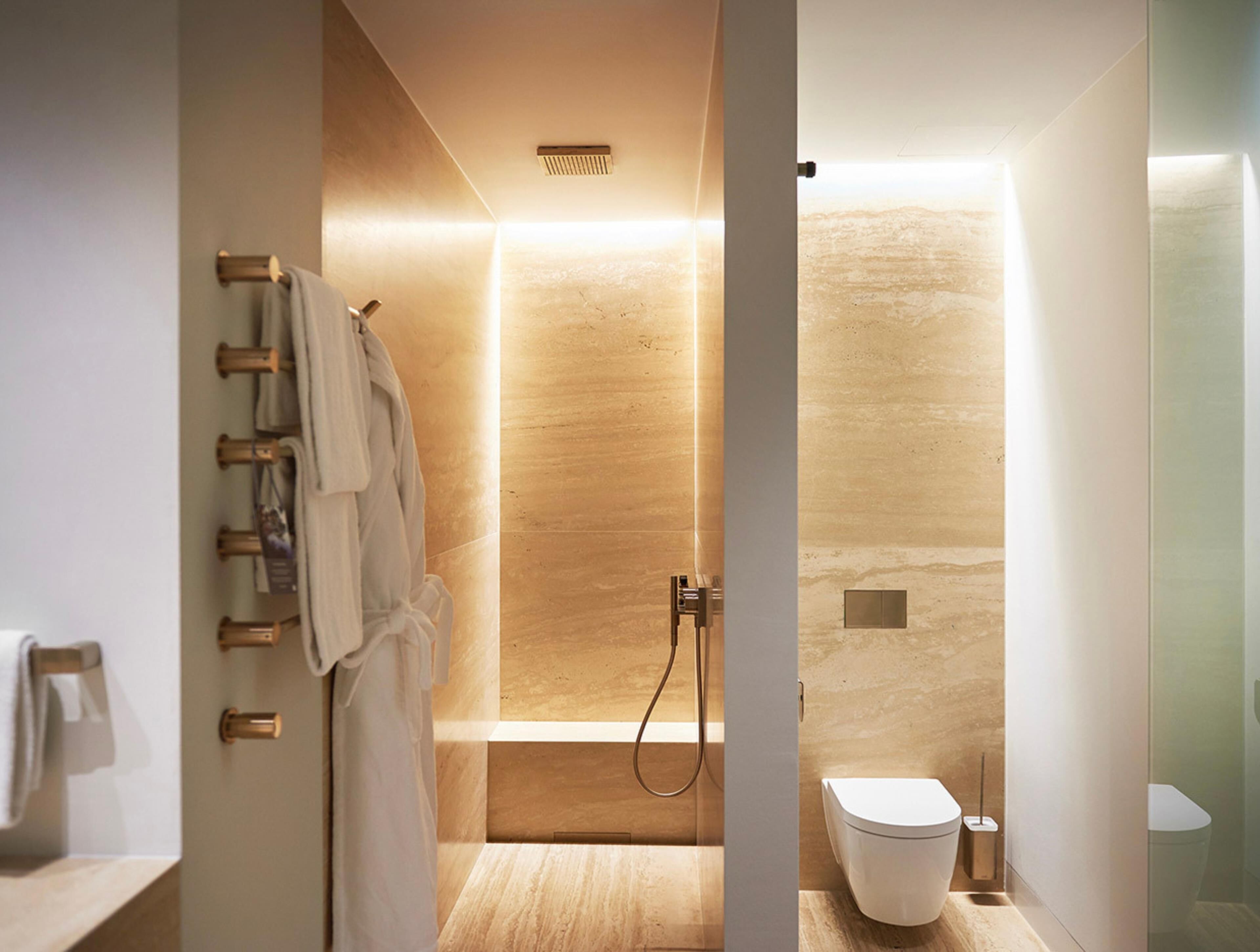 A modern bathroom with a walk-in shower, a toilet, and a towel rack.