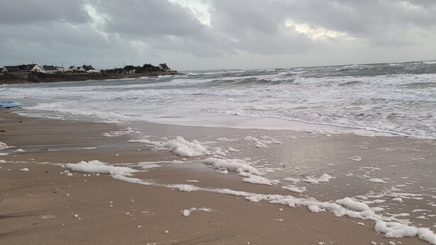 A beach with waves and foam on the sand.
