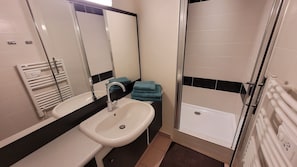 Shower, hair dryer, toilet paper