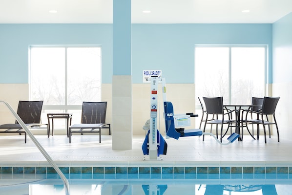 Indoor pool, open 8:00 AM to 10:00 PM, pool loungers