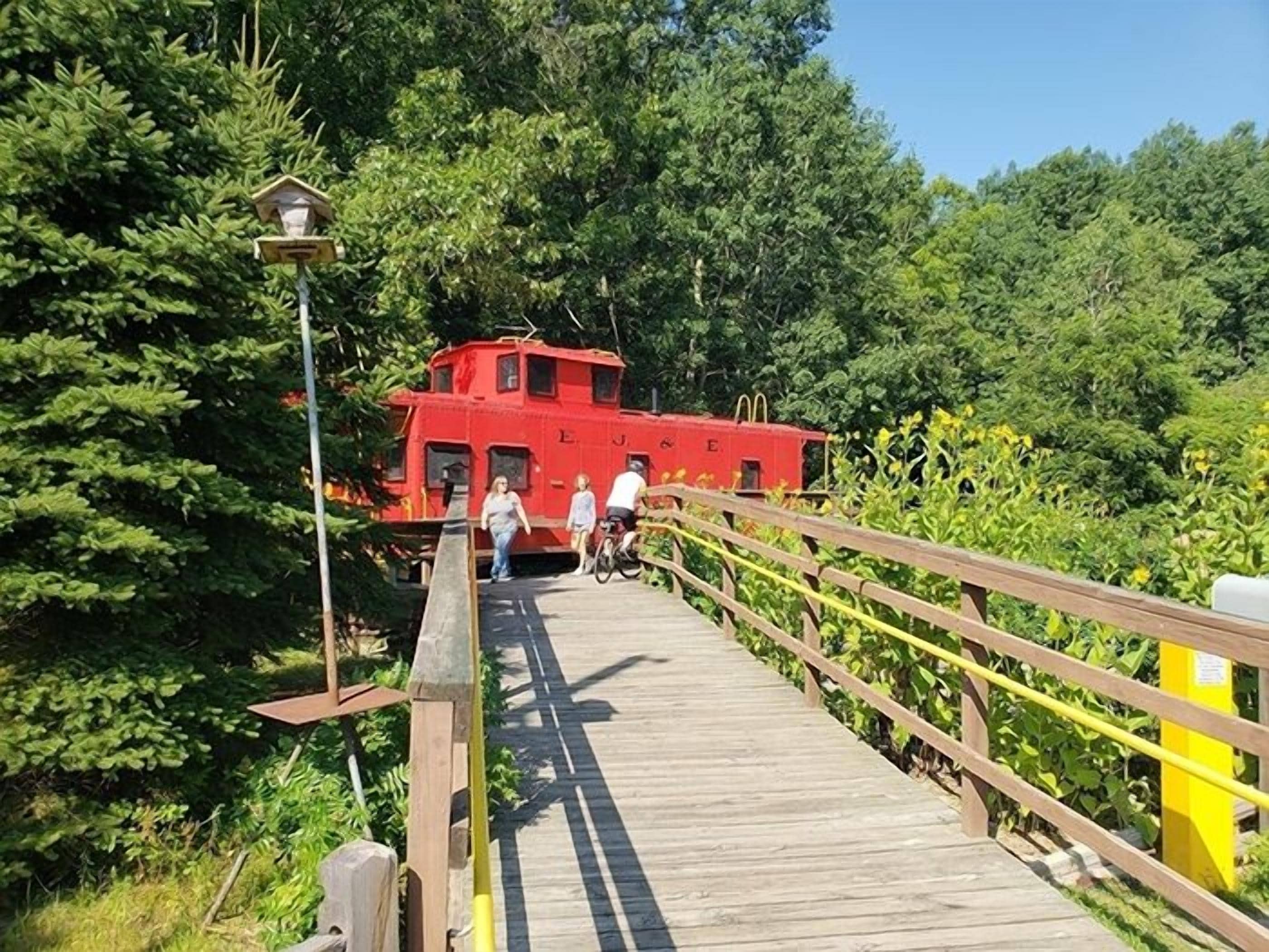 A wooden bridge leading to a red boat house surrounded by dense greenery.