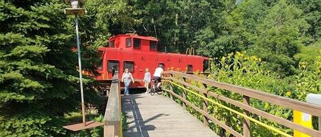 A wooden bridge leading to a red boat house surrounded by dense greenery.