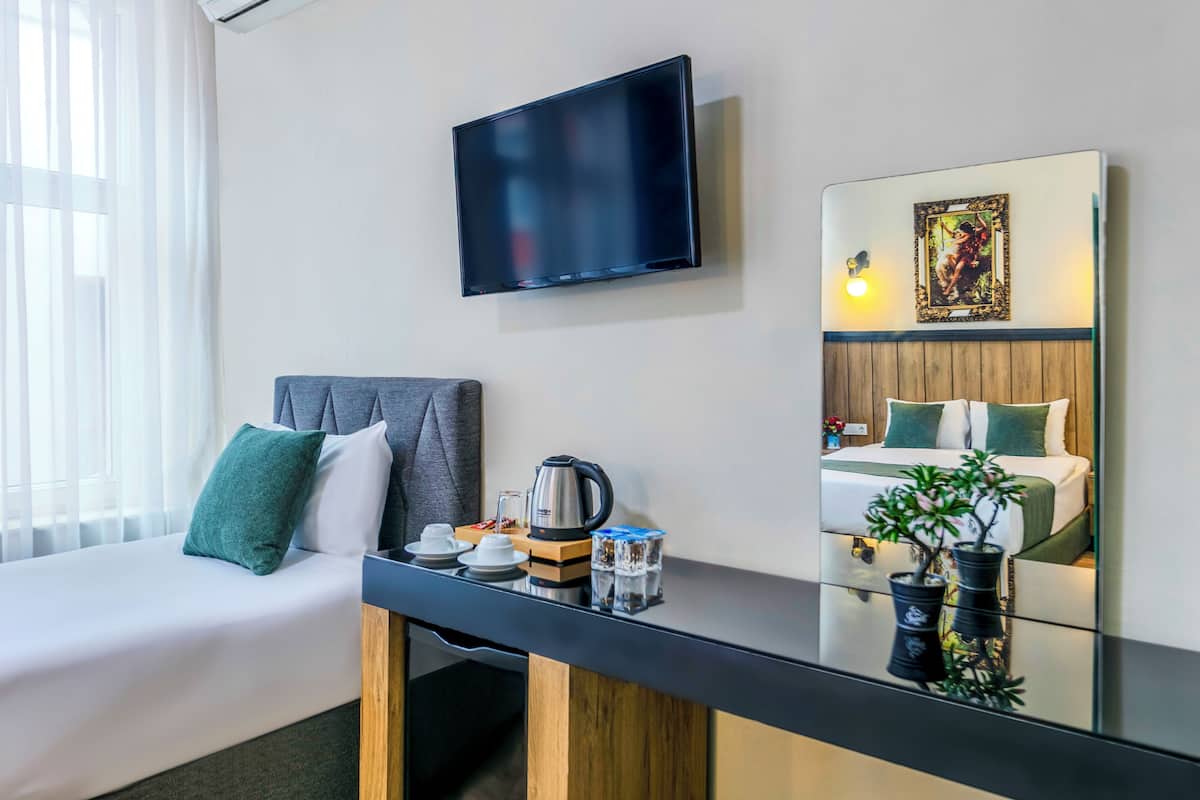 A hotel room with a bed, a TV mounted on the wall, a bedside table with a kettle, cups, and a plant.
