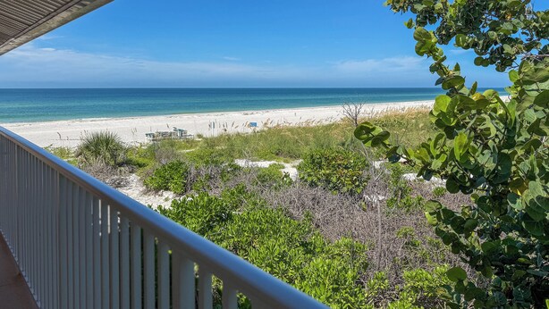 Vista sulla spiaggia dal balcone, con ringhiera, oceano e vegetazione costiera.