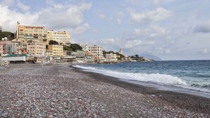 Una playa de guijarros con edificios al fondo.
