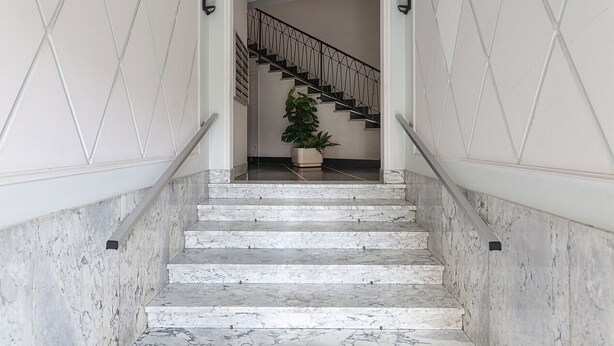 Una escalera de mármol que conduce a un rellano con una planta en maceta.