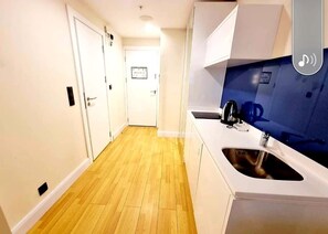 Fridge, microwave, stovetop, electric kettle