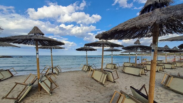 Une plage avec des parasols en chaume et des chaises longues.