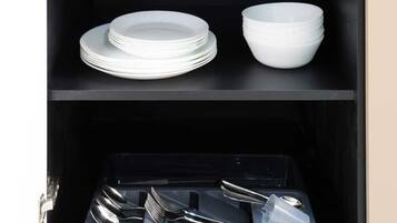 Fridge, microwave, electric kettle, cookware/dishes/utensils