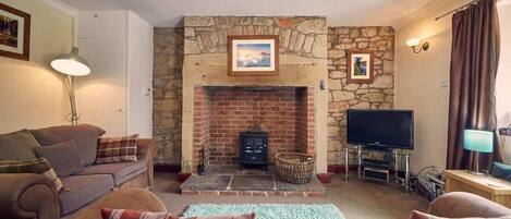 Televisión, chimenea, estéreo, oficina