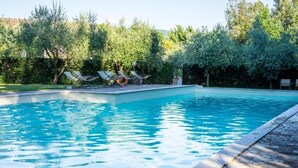 Una piscina rectangular con agua azul cristalina, rodeada por una solana pavimentada. Hay sillas de descanso alineadas a lo largo del borde de la piscina.