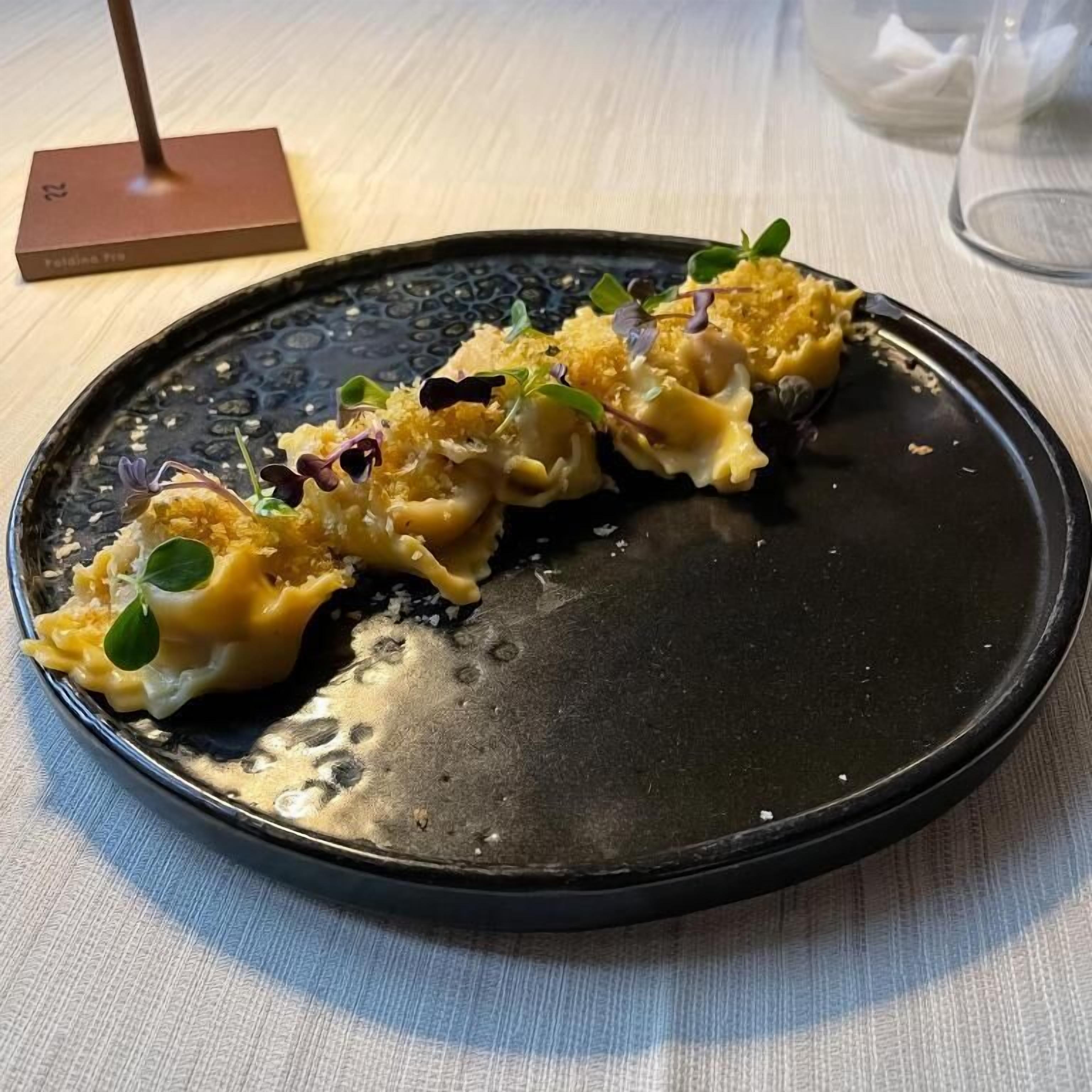 A plate with food on a table.