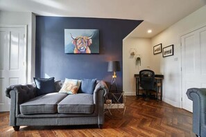 Fladskærms-tv, pejs, dvd-afspiller, bøger