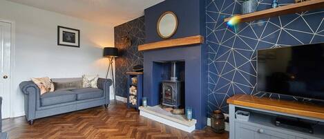 Flachbildfernseher, Kamin, DVD-Player, Bücher