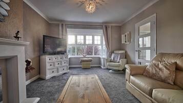 Smart TV, fireplace, books, offices