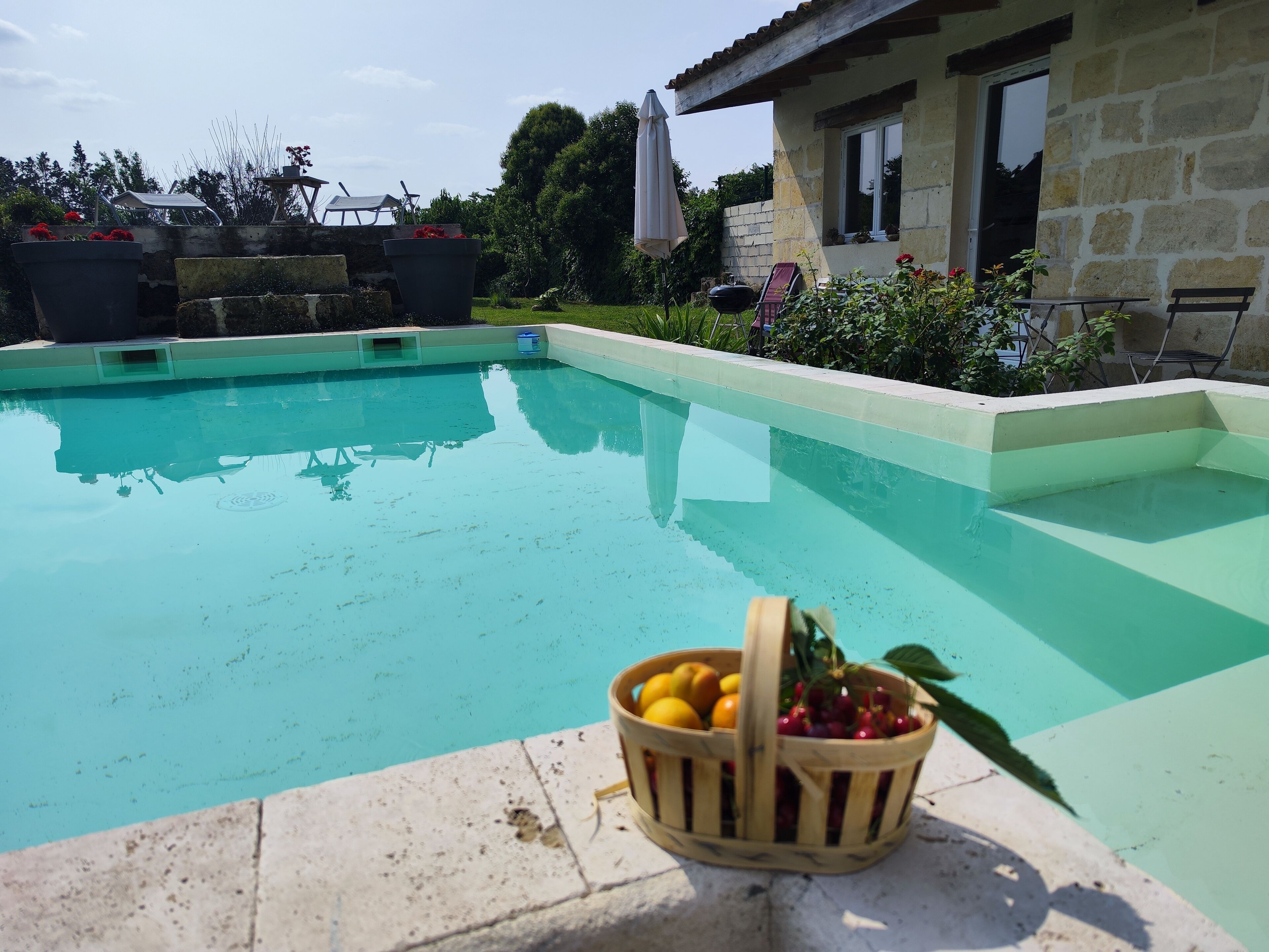Une piscine avec un panier en bois rempli de fruits placé sur le bord.