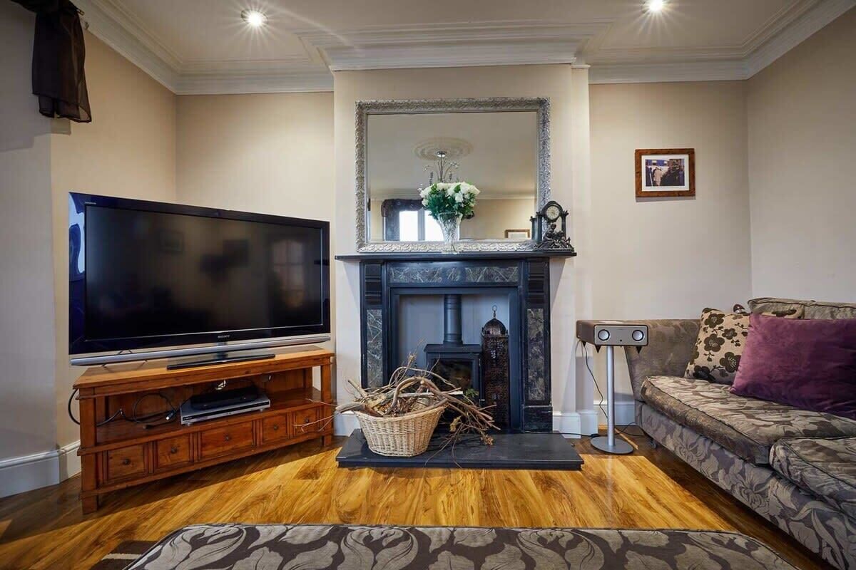 Télévision, cheminée, livres, chaîne hi-fi