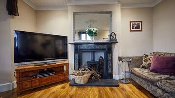 Télévision, cheminée, livres, chaßne hi-fi