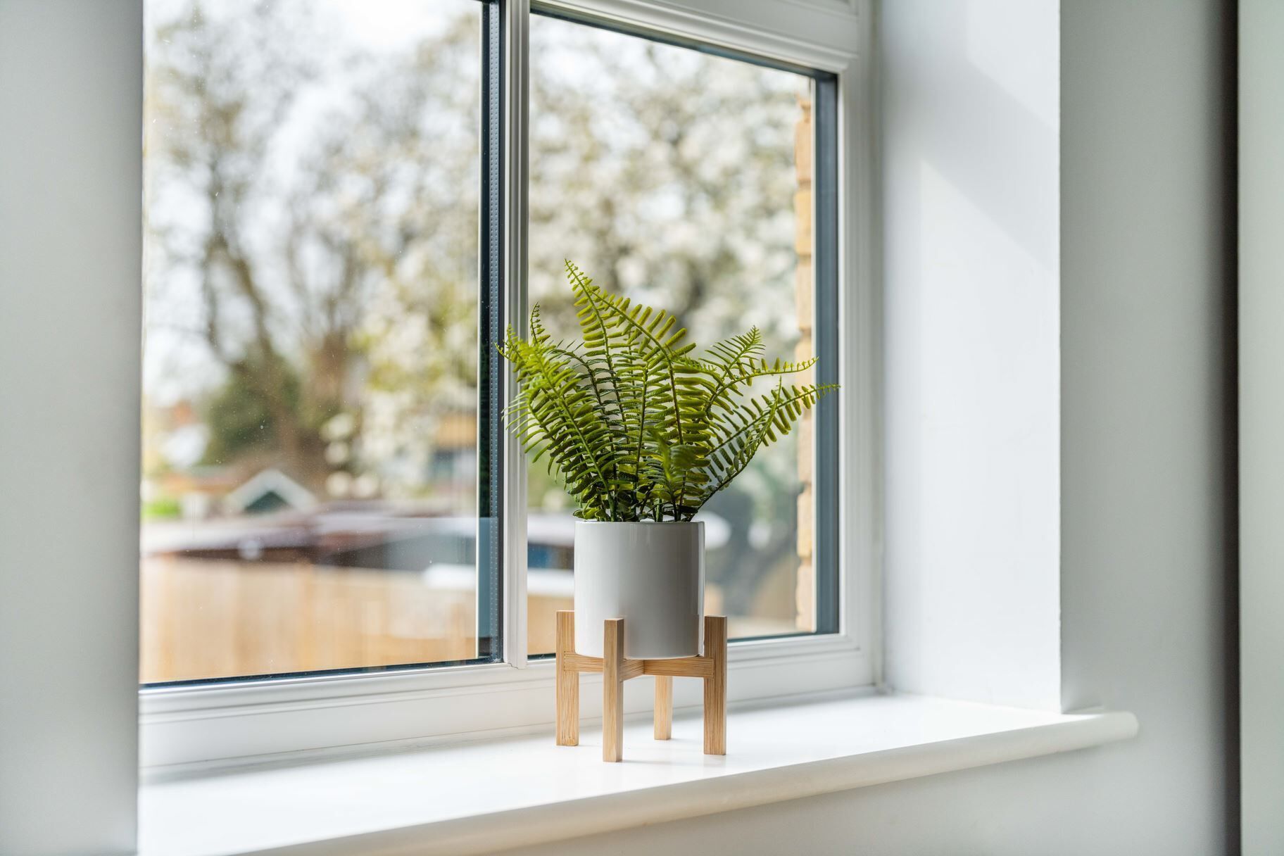 A potted fern on a small wooden stand by a window with a view of trees and a building outside.