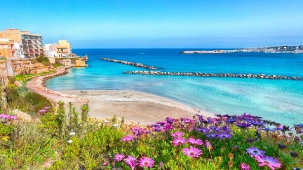 Une vue sur la côte, avec des bâtiments, une jetée et une plage.
