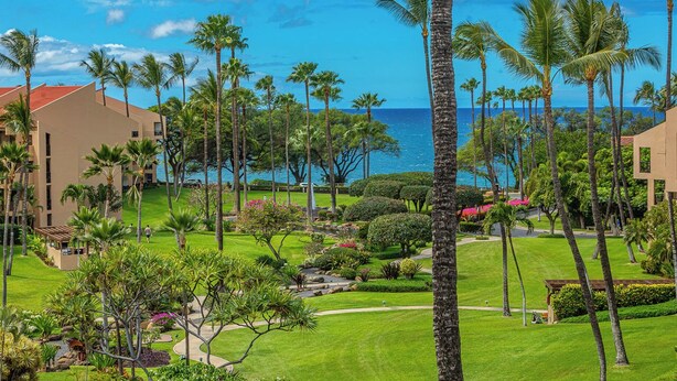 A resort with a well-maintained lawn, palm trees, and a view of the ocean.