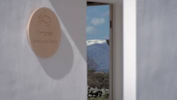 Una puerta con una placa circular y una vista de una montaña nevada a través de un vano abierto.