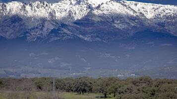 A mountain range with snow-capped peaks, a forested valley, and a clear sky.