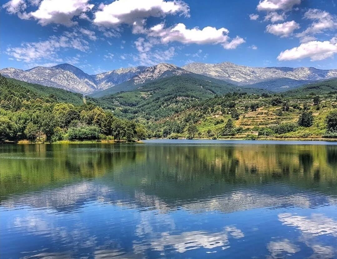 Un lago sereno con montañas al fondo y un cielo despejado.