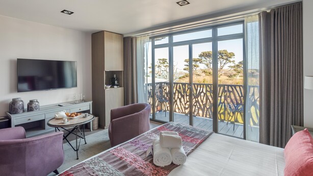 Een moderne hotelkamer met een groot raam, een flatscreen televisie, een zithoek en een balkon met uitzicht op het landschap.