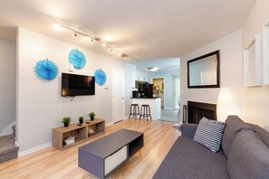 Smart TV, fireplace, books