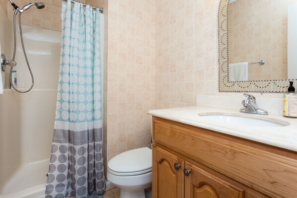 Combined shower/tub, hair dryer, towels, soap