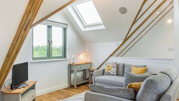 A cozy attic bedroom with a sloped ceiling, a skylight, a TV, a bedside table, and a sofa.