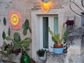 Une façade d’immeuble ornée de plusieurs cactus en pot, d’une enseigne au néon et d’une porte avec une fenêtre.