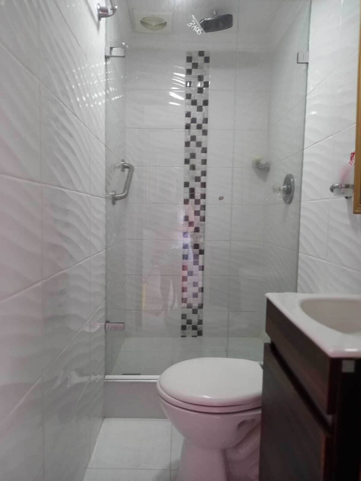 A bathroom with a glass-enclosed shower, a white toilet, and a vanity with a mirror.