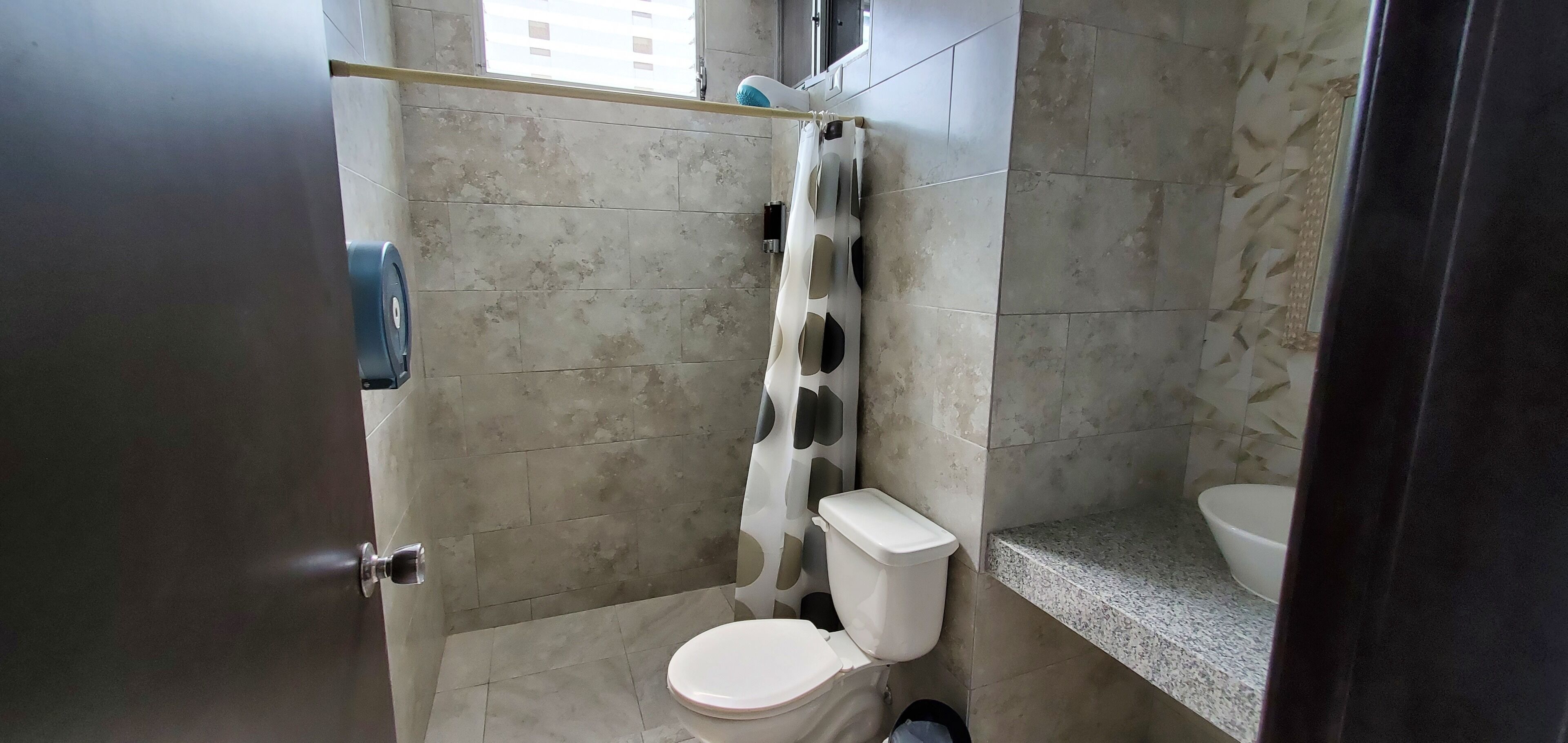 Une salle de bain avec des toilettes, une douche et un lavabo.
