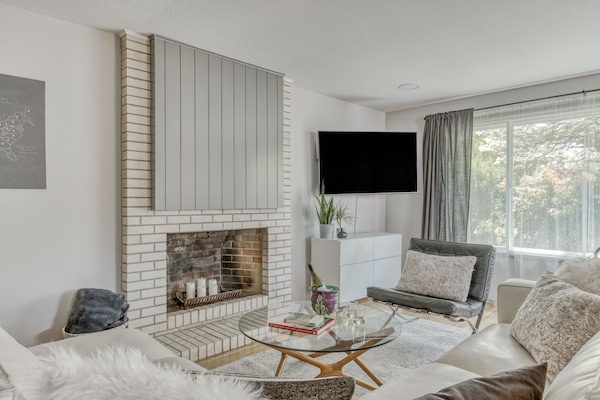 Smart TV, chimenea y libros